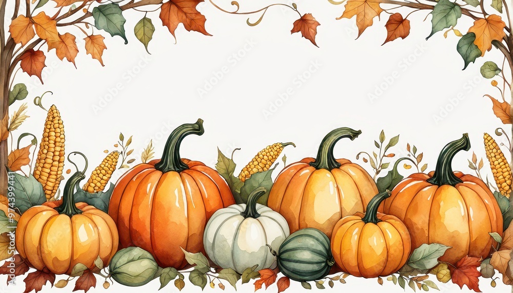 A decorative autumn scene featuring pumpkins, corn, and colorful leaves, ideal for seasonal themes. A decorative autumn scene featuring pumpkins, corn, and colorful leaves, ideal for seasonal themes.