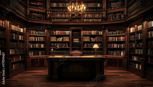 A luxurious, dark wooden library interior with bookshelves filled with books, a desk, a chair, and a chandelier.