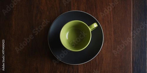 A coffee cup on wooden background, A top view of coffee cup background image.