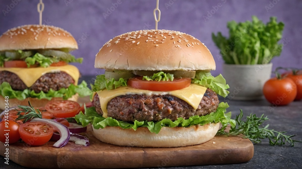 A burger with lettuce, tomato, and cheese, etc, Burger on purple background. A burger with lettuce, tomato, and cheese, etc, Burger on purple background.