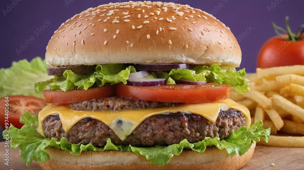 A hamburger with lettuce, tomato, and cheese, etc, Burger on purple background. A hamburger with lettuce, tomato, and cheese, etc, Burger on purple background.