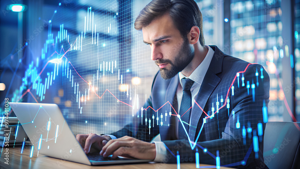 Forex graph with businessman working on computer in office on background. Multi exposure. Forex background Forex graph with businessman working on computer in office on background. Multi exposure. Forex background