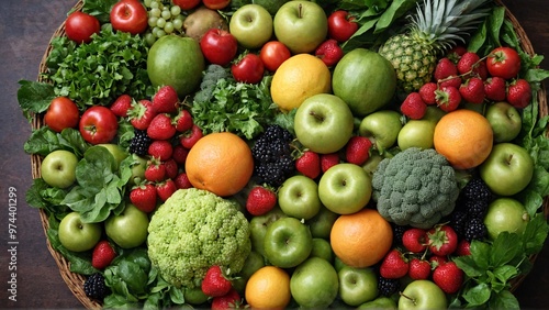 A bed of a assorted fruits and green vegetables background image.