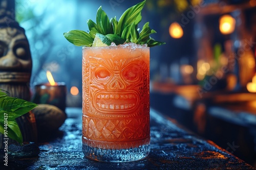 Zombie cocktail in a dimly lit tiki bar