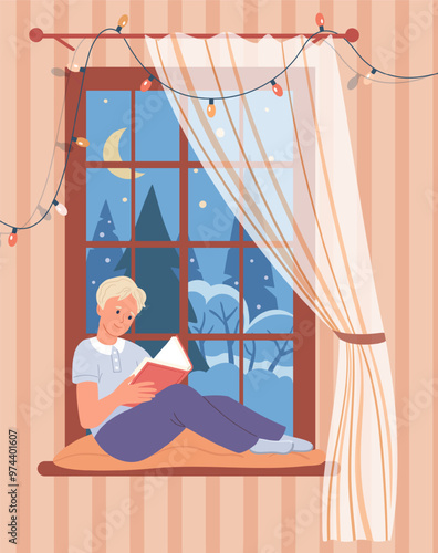 Boy sitting on windowsill and reading book. Teenager against window with winter landscape. Window decorated with Christmas garland, cozy holidays. Merry Christmas! Vector illustration.