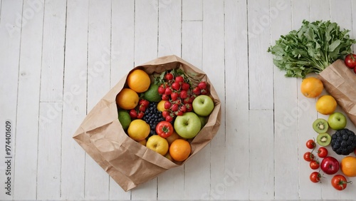 A paper bag with fruits and vegetable on the white wooden table, fruit and vegetable basket background image.