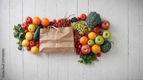 A paper bag with fruits and vegetable on the white wooden table, fruit and vegetable basket background image.