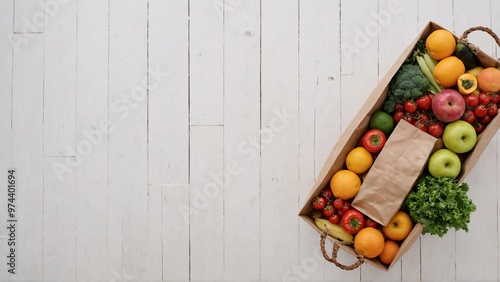 A paper bag with fruits and vegetable on the white wooden table, fruit and vegetable basket background image.