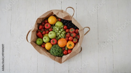 A paper bag with fruits and vegetable on the white wooden table, fruit and vegetable basket background image.