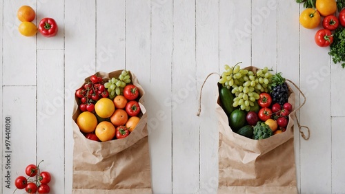 A paper bag with fruits and vegetable on the white wooden table, fruit and vegetable basket background image.