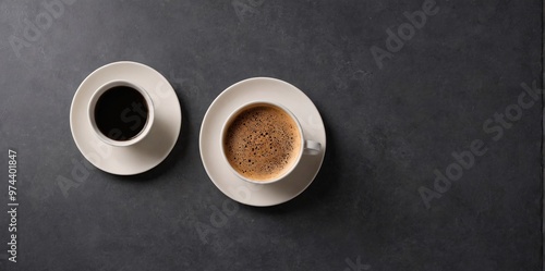 A Cream Cup and plate on dark grey color background image.