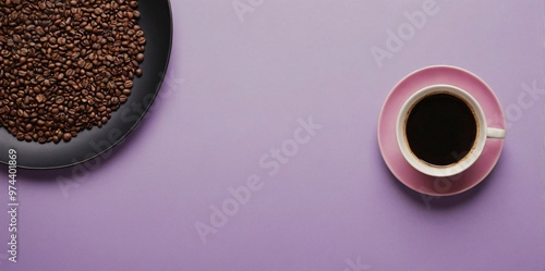 A coffee Cup and plate with coffee beans on the purple color background image.