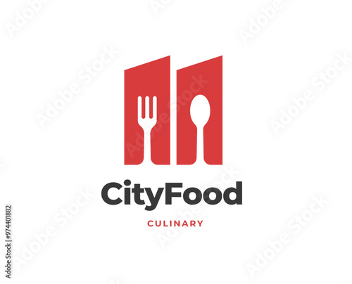 Restaurant logo with city building silhouette and cutlery for urban cuisine vector illustration