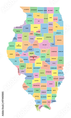 Illinois, U.S. state, subdivided into 102 counties, multi colored political map with capital Springfield, borders and county names. State in the Midwestern region of United States. Land of Lincoln. photo