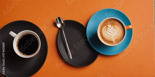 A coffee Cup and plate with other plates on the orange color background image.