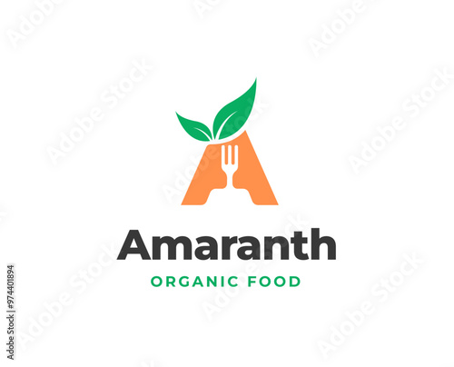 Initial Letter A with Cutlery and Leaf Icon for Organic Restaurant Logo Design Vector Illustration photo