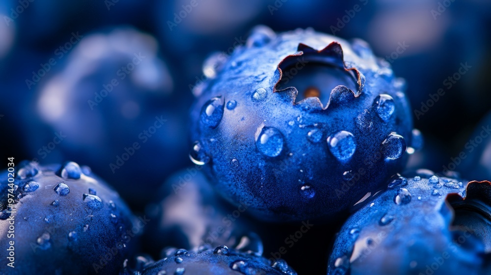 A Close-Up View of Dewy Blueberries, Revealing Their Rich Color and Delicate Surface Texture in Macro Detail A Close-Up View of Dewy Blueberries, Revealing Their Rich Color and Delicate Surface Texture in Macro Detail