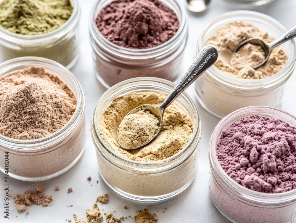 A Close-Up View of Plant-Based Protein Powders in Glass Jars, Displaying a Variety of Flavors and Textures, with Scoops and Labels, Shot in a Raw Style. A Close-Up View of Plant-Based Protein Powders in Glass Jars, Displaying a Variety of Flavors and Textures, with Scoops and Labels, Shot in a Raw Style.