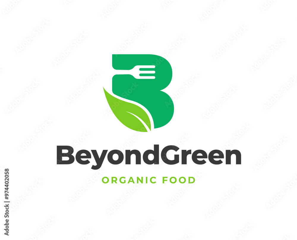 Fototapeta premium Initial Letter B with Cutlery and Leaf Icon for Organic Restaurant Logo Design Vector Illustration