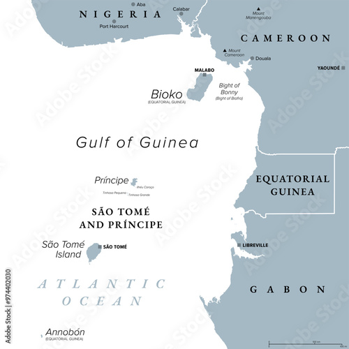 Cameroon line, volcanic island chain off the coast of West Africa, gray political map. Volcano chain including islands in the Gulf of Guinea in the Atlantic Ocean and mountains on mainland of Africa.