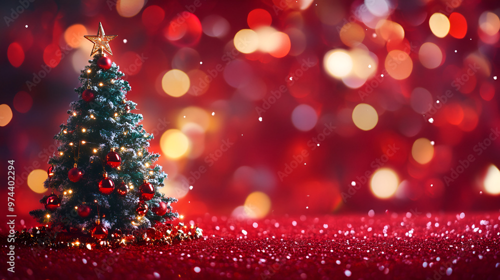 Christmas tree branches on glittering red background Festive christmas tree and sparkling bokeh lights on red background merry christmas card design, Generative Ai Christmas tree branches on glittering red background Festive christmas tree and sparkling bokeh lights on red background merry christmas card design, Generative Ai