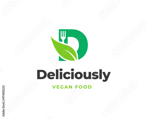 Initial Letter D with Fork and Leaf Icon for Organic Restaurant Logo Design Vector Illustration