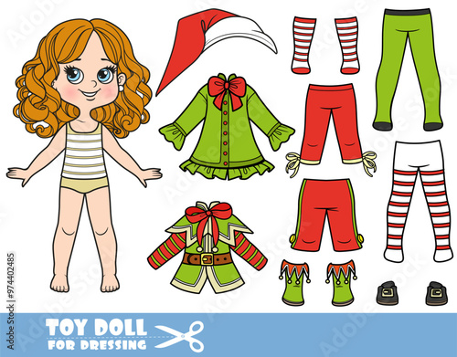 Cute cartoon girl with Christmas Elf costume constructor with hat, jackets, tights, boots and breeches