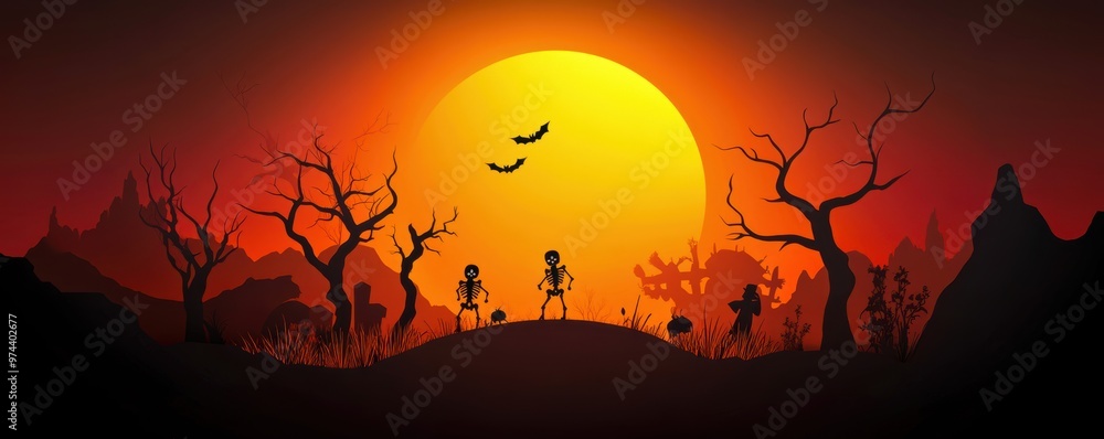 Silhouettes of skeletons and ghosts under a full moon, Halloween,banner,paper cut style, Silhouettes of skeletons and ghosts under a full moon, Halloween,banner,paper cut style,
