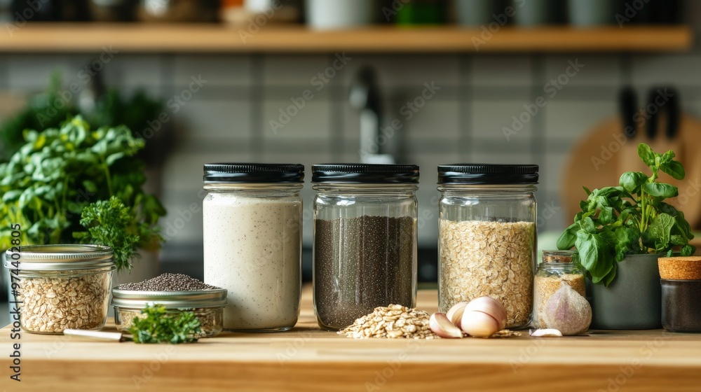 Clean Eating Ingredients For Protein Smoothies in Jars on a Wooden Kitchen Countertop Clean Eating Ingredients For Protein Smoothies in Jars on a Wooden Kitchen Countertop