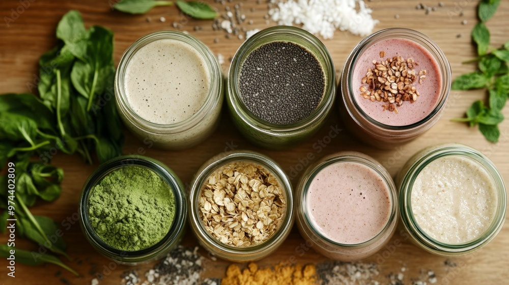 Clean Eating Smoothie Ingredients in Glass Jars on a Wooden Countertop Clean Eating Smoothie Ingredients in Glass Jars on a Wooden Countertop