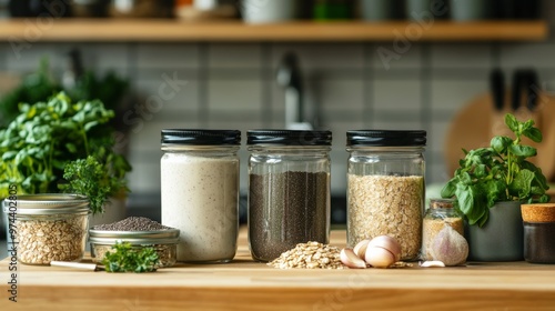 Clean Eating Ingredients For Protein Smoothies in Jars on a Wooden Kitchen Countertop