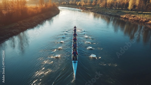 rowing team in motion down the river, paddling in perfect synchrony and demonstrating the essence of teamwork and fitness photo