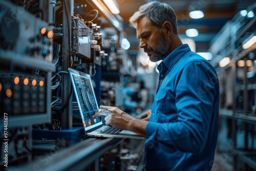 Engineer Working with Laptop in High-Tech Factory