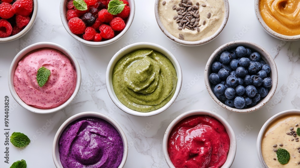 Colorful and Enticing Plant-Based Protein Snack Spreads Arranged in Bowls on a Marble Surface Colorful and Enticing Plant-Based Protein Snack Spreads Arranged in Bowls on a Marble Surface