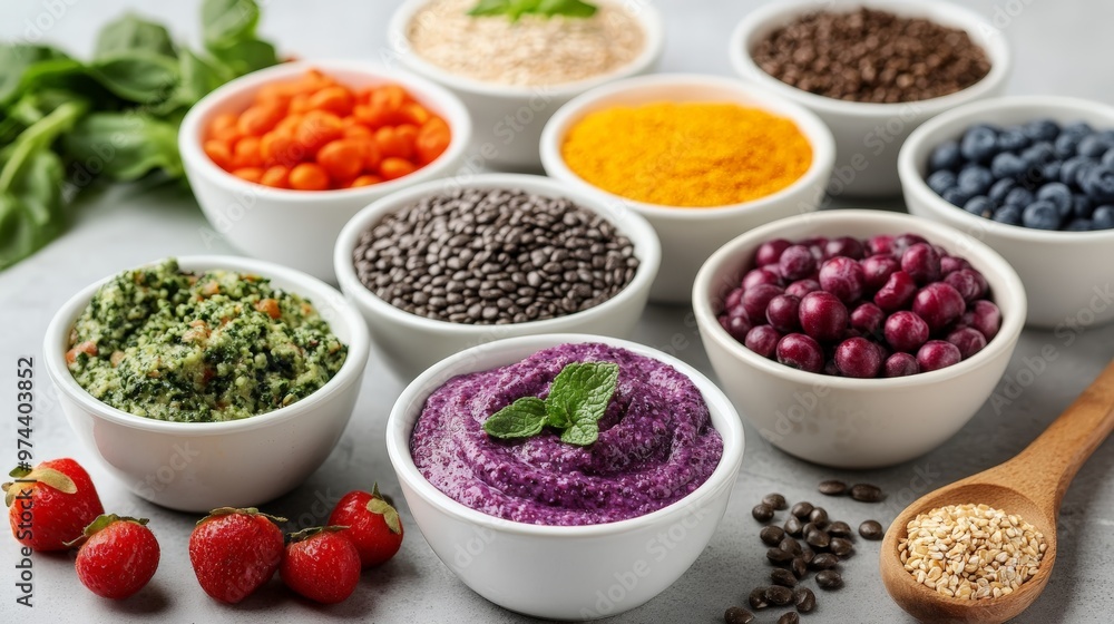 Colorful and Enticing Plant-Based Protein Snack Spreads in White Bowls with Fresh Ingredients and a Wooden Spoon Filled with Quinoa Colorful and Enticing Plant-Based Protein Snack Spreads in White Bowls with Fresh Ingredients and a Wooden Spoon Filled with Quinoa