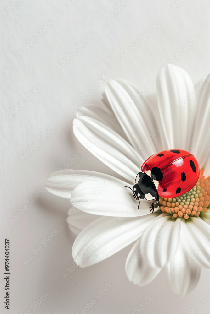 Close-up shot of a vibrant ladybug resting on a white flower Close-up shot of a vibrant ladybug resting on a white flower