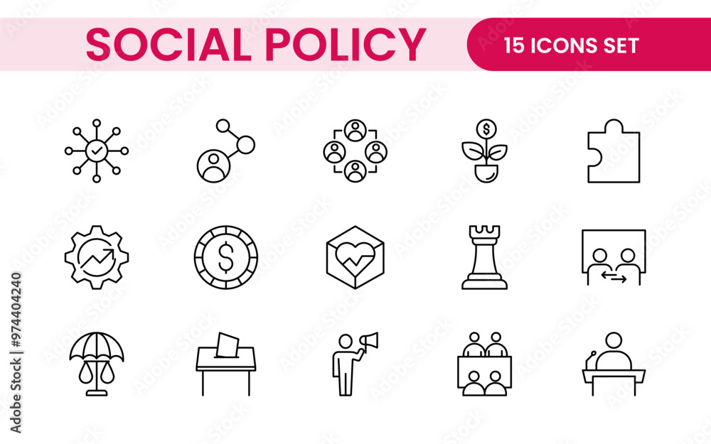 Set of Social Policy and Insuranceline icons. Outline icon collection related to education, insurance, law, goverment and more. Set of Social Policy and Insuranceline icons. Outline icon collection related to education, insurance, law, goverment and more.