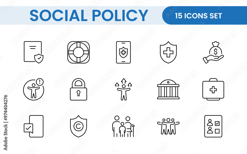 Set of Social Policy and Insuranceline icons. Outline icon collection related to education, insurance, law, goverment and more. Set of Social Policy and Insuranceline icons. Outline icon collection related to education, insurance, law, goverment and more.