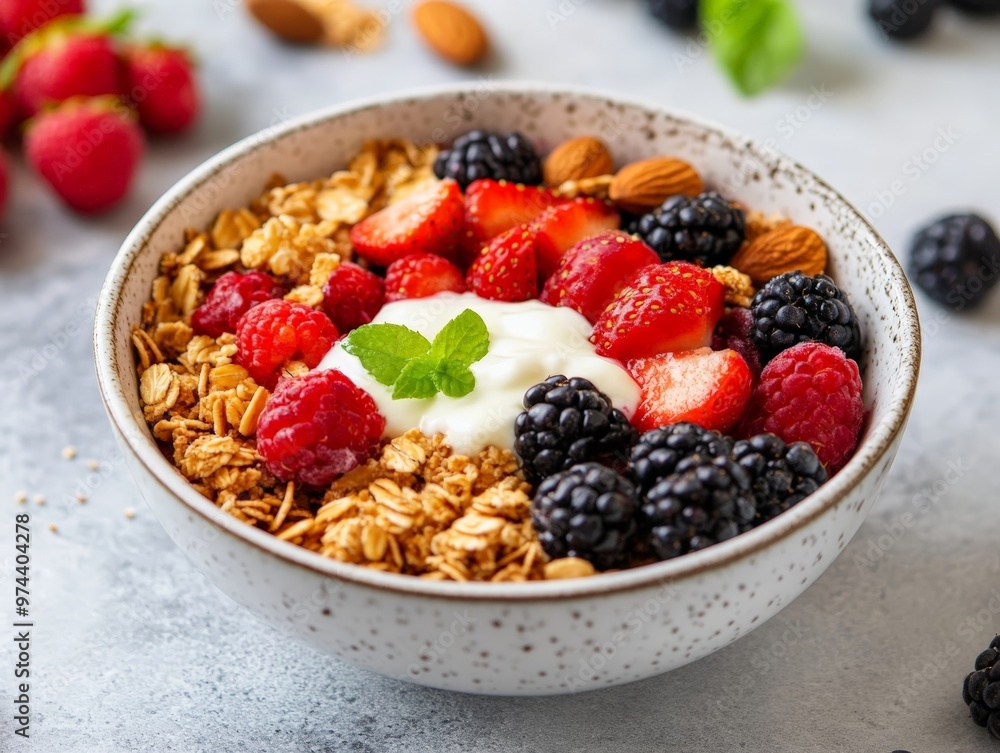 Fresh and Vibrant Vegan Protein-Rich Breakfast Bowl with Berries, Nuts, and Cereal, Perfect for a Healthy and Delicious Start to Your Day. Fresh and Vibrant Vegan Protein-Rich Breakfast Bowl with Berries, Nuts, and Cereal, Perfect for a Healthy and Delicious Start to Your Day.