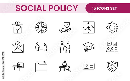 Set of Social Policy and Insuranceline icons. Outline icon collection related to education, insurance, law, goverment and more.