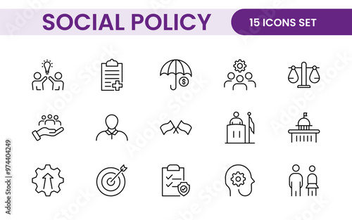Set of Social Policy and Insuranceline icons. Outline icon collection related to education, insurance, law, goverment and more.