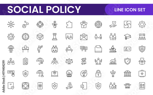 Set of Social Policy and Insuranceline icons. Outline icon collection related to education, insurance, law, goverment and more.