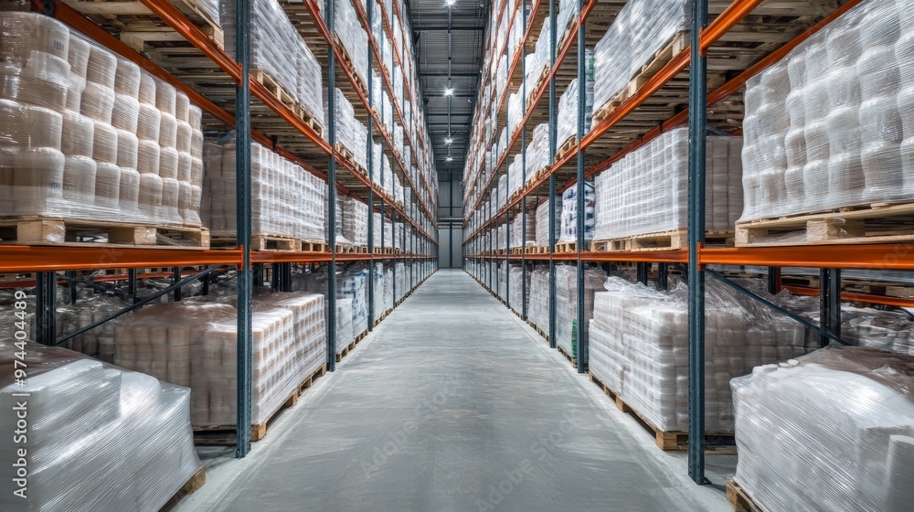 Obraz premium Industrial Food Storage Facility with High-Volume Shelving and Efficient Systems, showcasing rows of palletized goods wrapped in plastic