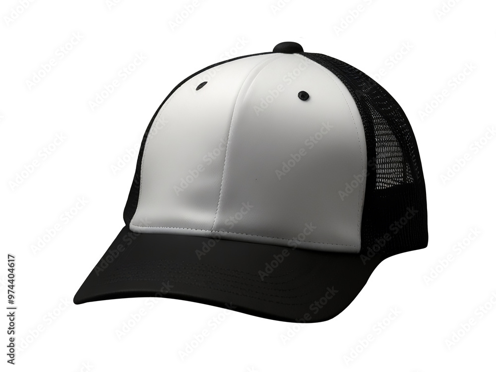 Obraz premium White and black baseball cap mockup front view, PNG file of isolated cutout object with a transparent background. 