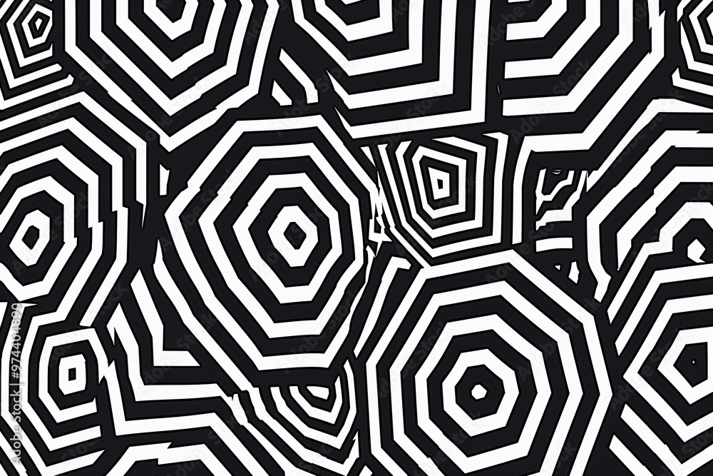 Optical illusion pattern of black and white hexagons with striped lines Optical illusion pattern of black and white hexagons with striped lines
