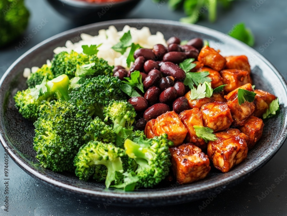 Tempeh, Black Beans, and Broccoli Bowl A Healthy Plant Protein Diet Plate Tempeh, Black Beans, and Broccoli Bowl A Healthy Plant Protein Diet Plate