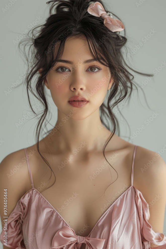 Elegant Asian Woman in Pink Satin Dress Posing Against White Background