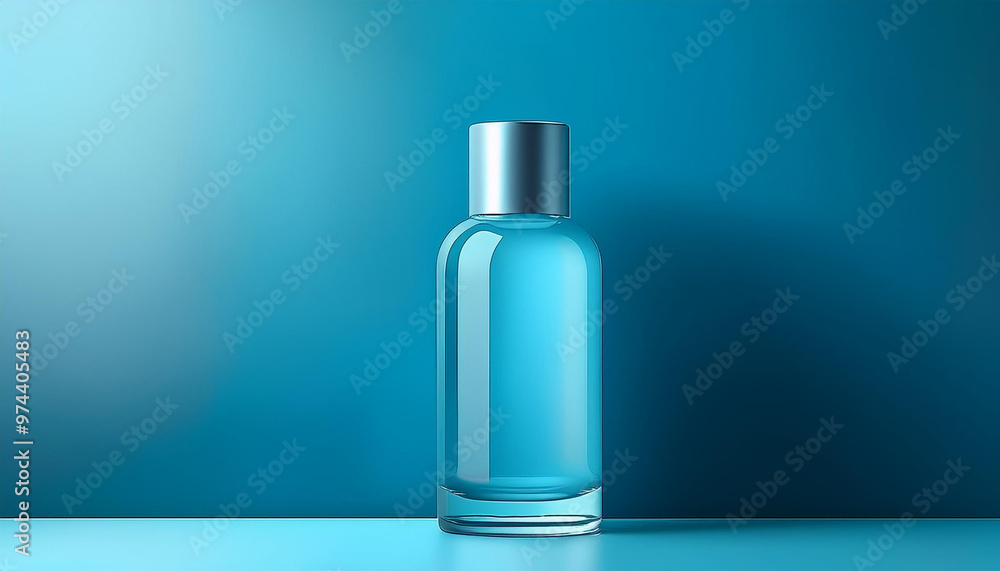 Cosmetic bottle, on bright blue background. Marketing and commercial concept banner Cosmetic bottle, on bright blue background. Marketing and commercial concept banner