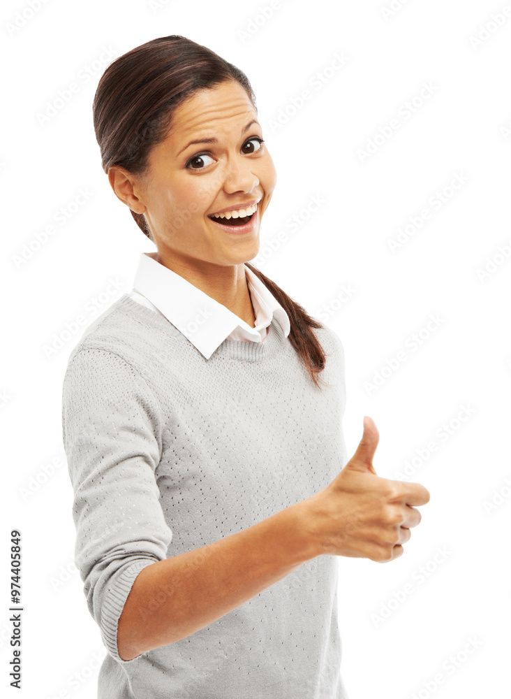 Model, thumbs up and yes in portrait with happiness, confidence or success on white studio background. Woman, girl and student for smile, hand gesture or agreement for winning, praise or achievement Model, thumbs up and yes in portrait with happiness, confidence or success on white studio background. Woman, girl and student for smile, hand gesture or agreement for winning, praise or achievement