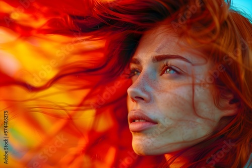 Vibrant close-up of a woman with flowing red hair in dramatic lighting